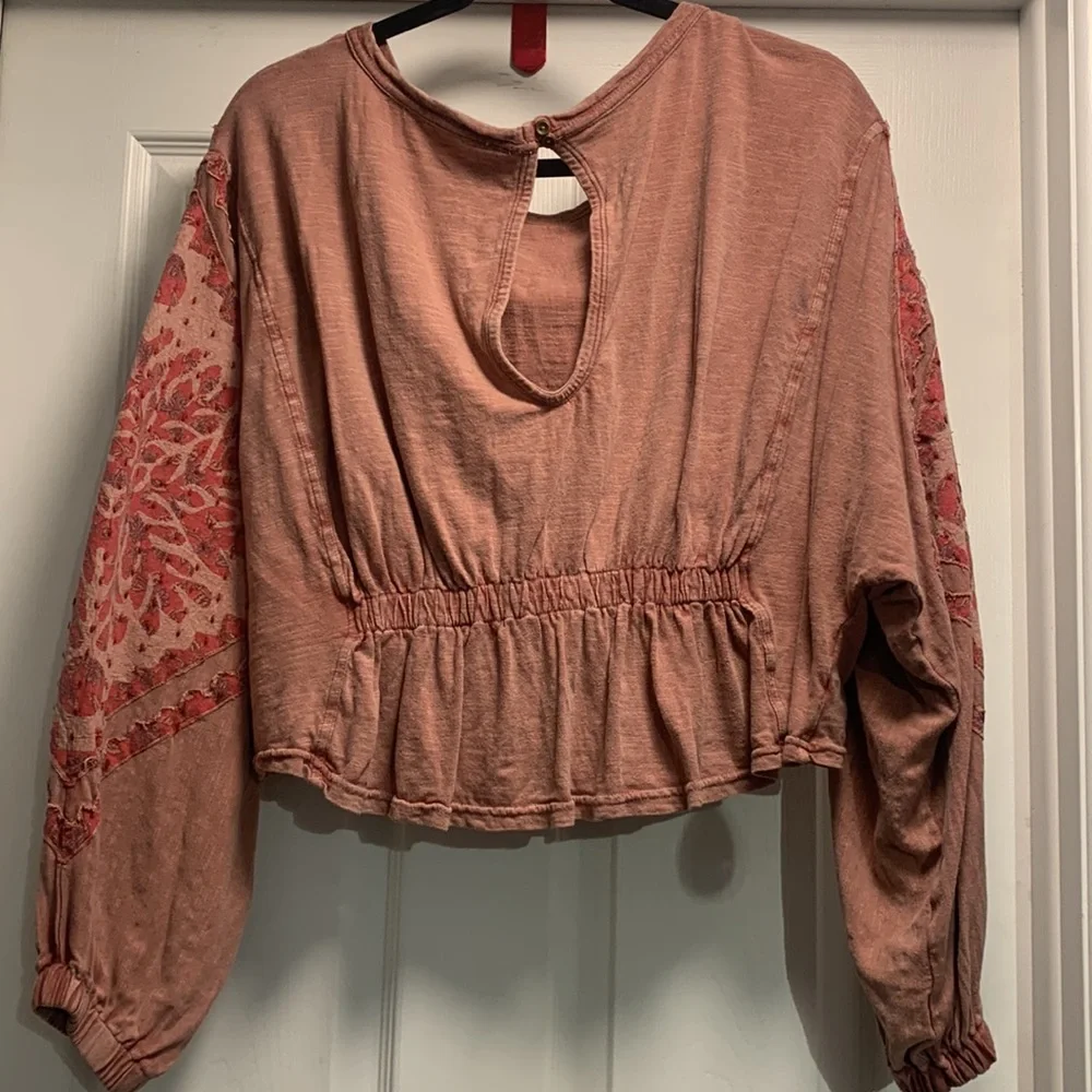 Free People Throwback Embroidered Cropped Blouse Top size S